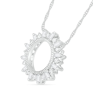 0.23 CT. T.W. Baguette and Round Diamond Circle Sunburst Pendant in 10K White Gold|Peoples Jewellers