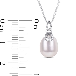 8.5-9.0mm Oval Freshwater Cultured Pearl and Diamond Accent Doorknocker Drop Pendant in Sterling Silver|Peoples Jewellers