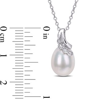 8.5-9.0mm Oval Freshwater Cultured Pearl and Diamond Accent Scallop Ribbon Overlay Swirl Pendant in Sterling Silver|Peoples Jewellers