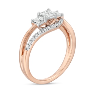 0.69 CT. T.W. Princess-Cut and Round Diamond Three Stone Bypass Ring in 10K Rose Gold|Peoples Jewellers