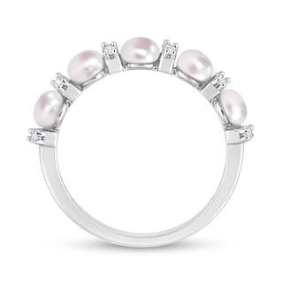 3.5-4.0mm Button Freshwater Cultured Pearl and White Topaz Duo Five Stone Alternating Stackable Band in Sterling Silver|Peoples Jewellers
