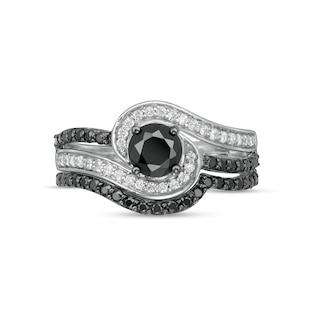0.95 CT. T.W. Black Enhanced and White Diamond Bypass Multi-Row Bridal Set in 10K White Gold|Peoples Jewellers