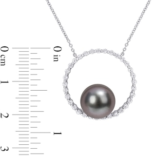 9.5-10.0mm Black Tahitian Cultured Pearl and White Sapphire Circle Necklace in 10K White Gold|Peoples Jewellers