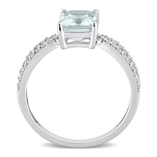 Emerald-Cut Aquamarine and 0.19 CT. T.W. Diamond Tapered Split Shank Ring in 14K White Gold|Peoples Jewellers