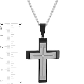 Men's Diamond Accent Grooved Multi-Finish Slope-Ends Layered Cross Pendant in Stainless Steel and Black IP - 24"|Peoples Jewellers