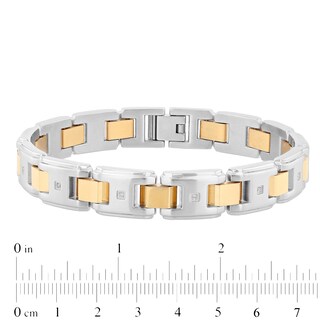 Men's 0.10 CT. T.W. Diamond Multi-Finish Stepped Edge Solid Link Bracelet in Stainless Steel and Yellow IP - 8.5"|Peoples Jewellers