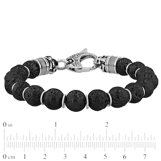 Men's 10.0mm Black Lava and Disc Bead with Skull and Crossbones Bracelet in Stainless Steel and Gunmetal Grey IP - 8.5"|Peoples Jewellers
