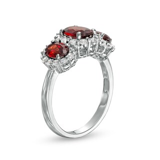 Oval Garnet and White Lab-Created Sapphire Frame Three Stone Ring in Sterling Silver|Peoples Jewellers