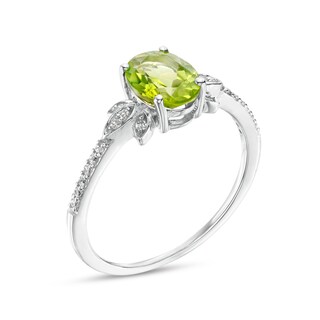 Oval Peridot and 0.086 CT. T.W. Diamond Leaf-Sides Floral Ring in 10K White Gold|Peoples Jewellers