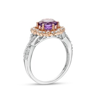 7.0mm Amethyst and 0.29 CT. T.W. Diamond Petal Frame Twist Shank Flower Ring in 10K Two-Tone Gold|Peoples Jewellers