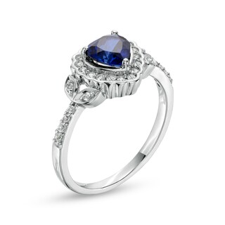6.0mm Heart-Shaped Blue and White Lab-Created Sapphire Scallop Frame Leaf-Sides Flower Ring in Sterling Silver|Peoples Jewellers