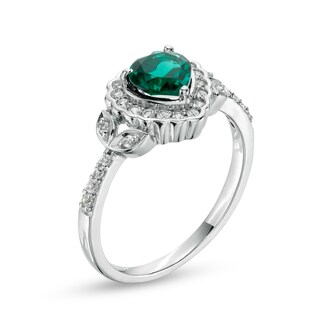 Heart-Shaped Lab-Created Emerald and White Lab-Created Sapphire Scallop Frame Leaf-Sides Flower Ring in Sterling Silver|Peoples Jewellers
