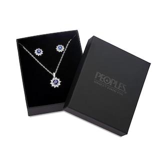 Blue and White Lab-Created Sapphire Sunburst Frame Pendant and Stud Earrings Set in 10K White Gold|Peoples Jewellers