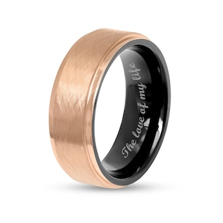Men's 8.0mm Multi-Finish Stepped Edge Comfort-Fit Wedding Band in Stainless Steel with Black and Rose IP (1 Line)|Peoples Jewellers