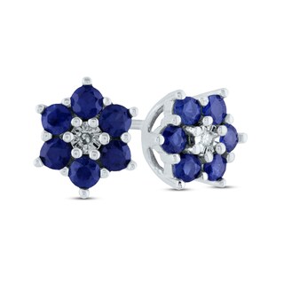 Blue Sapphire and Diamond Accent Petal Frame Flower Stud Earrings in 10K White Gold|Peoples Jewellers