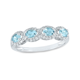Sideways Oval Aquamarine and 0.22 CT. T.W. Diamond Frame Four Stone Ring in 14K Gold|Peoples Jewellers