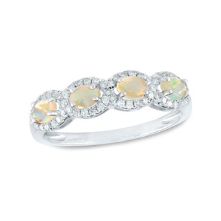Sideways Oval Opal and 0.22 CT. T.W. Diamond Frame Four Stone Ring in 14K Gold|Peoples Jewellers