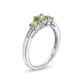 Princess-Cut Peridot and Diamond Accent Three Stone Ring in 10K White Gold|Peoples Jewellers