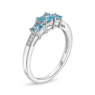 Princess-Cut Swiss Blue Topaz and Diamond Accent Three Stone Ring in 10K White Gold|Peoples Jewellers