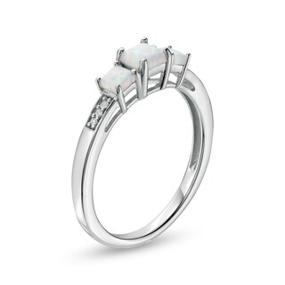 Princess-Cut Lab-Created Opal and Diamond Accent Three Stone Ring in 10K White Gold|Peoples Jewellers