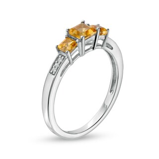 Princess-Cut Citrine and Diamond Accent Three Stone Ring in 10K White Gold|Peoples Jewellers