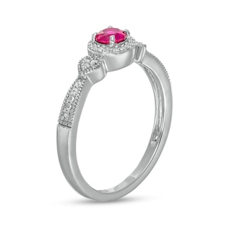4.0mm Lab-Created Ruby and 0.06 CT. T.W. Diamond Frame Heart-Sides Vintage-Style Ring in Sterling Silver|Peoples Jewellers