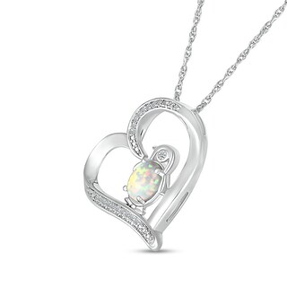 Oval Lab-Created Opal and 0.04 CT. T.W. Diamond Penguin in Tilted Heart Outline Pendant in Sterling Silver|Peoples Jewellers