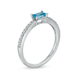 Sideways Baguette Swiss Blue Topaz and 0.12 CT. T.W. Diamond Stackable Ring in 10K White Gold|Peoples Jewellers