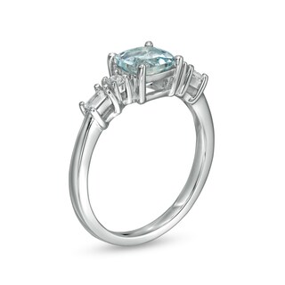 6.0mm Cushion-Cut Aquamarine and 0.15 CT. T.W. Baguette and Round Diamond Side Accent Ring in 14K White Gold|Peoples Jewellers