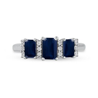 Emerald-Cut Blue Sapphire and 0.12 CT. T.W. Diamond Stacked Trios Three Stone Ring in 14K White Gold|Peoples Jewellers