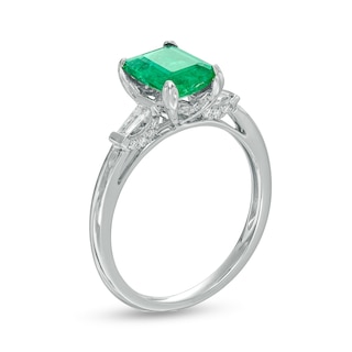 Emerald-Cut Emerald and 0.18 CT. T.W. Baguette and Round Diamond Collar Ring in 14K White Gold|Peoples Jewellers