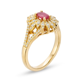 Oval Ruby and 0.33 CT. T.W. Diamond Floral Split Shank Ring in 14K Gold|Peoples Jewellers