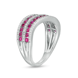 Ruby and 0.25 CT. T.W. Diamond Channel Multi-Row Wave Ring in 14K White Gold|Peoples Jewellers