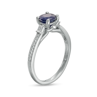 6.0mm Blue Sapphire and 0.10 CT. T.W. Baguette and Round Diamond Ring in 14K White Gold|Peoples Jewellers