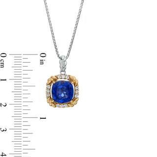 9.0mm Cushion-Cut Blue and White Lab-Created Sapphire Rope-Textured Frame Drop Pendant in Sterling Silver and 10K Gold|Peoples Jewellers