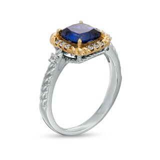 7.0mm Cushion-Cut Blue and White Lab-Created Sapphire Rope-Textured Frame Ring in Sterling Silver and 10K Gold|Peoples Jewellers