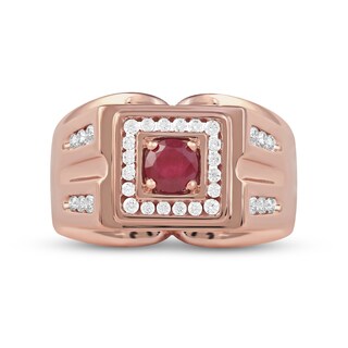 Men's 5.0mm Ruby and 0.45 CT. T.W. Diamond Square Frame Double Row with Groove Shank Ring in 10K Rose Gold|Peoples Jewellers