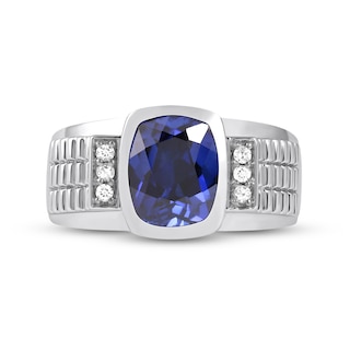 Men's Cushion-Cut Blue and White Lab-Created Sapphire Tri-Sides Triple Row Ribbed Shank Ring in Sterling Silver|Peoples Jewellers