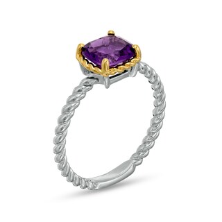7.0mm Cushion-Cut Amethyst Solitaire Rope-Textured Frame and Shank Ring in Sterling Silver and 10K Gold|Peoples Jewellers