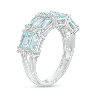 Sideways Baguette Aquamarine and 0.20 CT. T.W. Diamond Duos Alternating Double Row Band in 10K White Gold|Peoples Jewellers