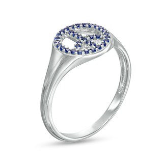 Blue Lab-Created Sapphire Peace Sign Dome Ring in 10K White Gold - Size 7|Peoples Jewellers