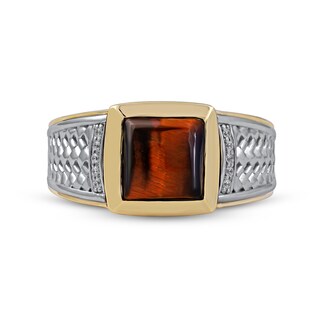 Men's 8.0mm Square-Cut Tiger's Eye and 0.04 CT. T.W. Diamond Basket Weave Ring in 10K Two-Tone Gold|Peoples Jewellers