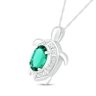 Oval Lab-Created Emerald and Diamond Accent Beaded Shell Pattern Sea Turtle Pendant in Sterling Silver|Peoples Jewellers