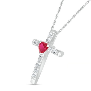4.0mm Heart-Shaped Lab-Created Ruby and White Lab-Created Sapphire Cross Pendant in Sterling Silver|Peoples Jewellers