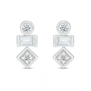 Baguette and Round White Lab-Created Sapphire Three Stone Stacked Geometric Stud Earrings in Sterling Silver|Peoples Jewellers