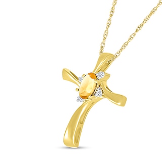 Oval Citrine and Diamond Accent Swirl Ribbon Cross Pendant in 10K Gold|Peoples Jewellers