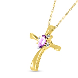 Oval Amethyst and Diamond Accent Swirl Ribbon Cross Pendant in 10K Gold|Peoples Jewellers