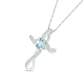 Oval Aquamarine and 0.04 CT. T.W. Diamond Infinity Ribbon Cross Pendant in 10K White Gold|Peoples Jewellers