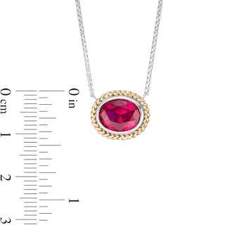 Oval-Shaped Lab-Created Ruby Solitaire Rope-Textured Frame Necklace in Sterling Silver and 10K Gold|Peoples Jewellers