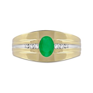 Men's Oval Emerald and 0.15 CT. T.W. Diamond Tri-Sides Grooved Band in 10K Two-Tone Gold|Peoples Jewellers
